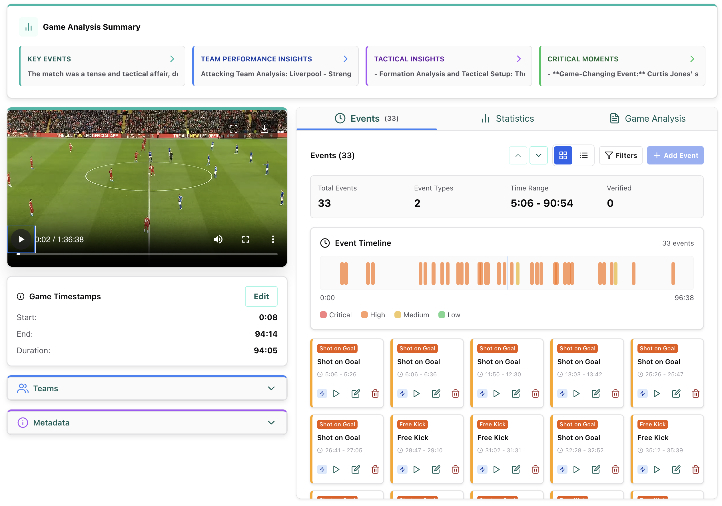PlayVista AI Analysis Dashboard with match insights and timeline